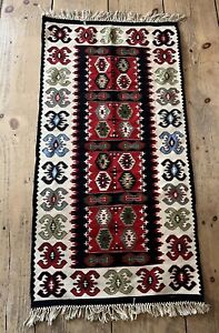 Handmade Vintage Rug Turkish Kilim Geometric Design Flat Weave Wool 52x27
