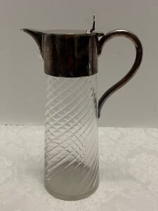 Swirl Glass Water Wine Pitcher Claret Jug Silver Plated Thumb Lift Lid Handle