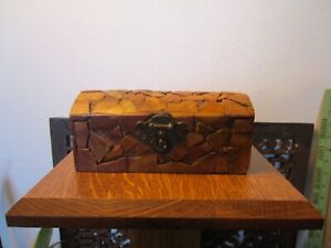 Primitive Handmade Small Tramp Folk Art Wood Box Covered W Stones Ornate Latch