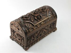 Antique Primitive Hand Carved Wooden Casket Domed Trinket Jewelry Box With Key