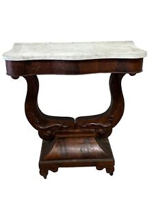 Rare Flame Mahogany Empire Pier Table 1850 Marble Top Foyer Console