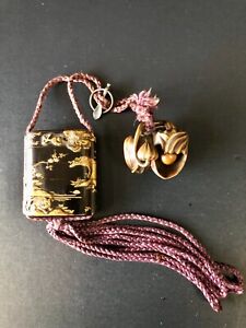 Japanese Antique Inro Lacquered Makie Gold And Silver Inlay Netsuke