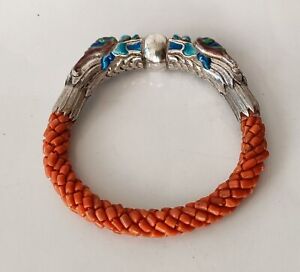 Vintage Chinese Silver Coral Enamel Dragon Bracelet From Yunnan