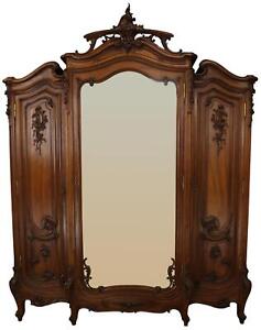 Antique Armoire Louis Xv Wardrobe Rococo Opulent Carved Walnut Mirrors 3 Door