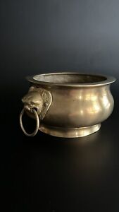 Old Chinese Bronze Brass Foodog Heads Incense Burner Censer W Handles Marked