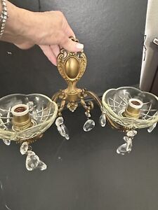 Vintage Electric Gold Brass Metal Wall Sconce W Crystal Bobeches Crystals