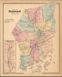 1867 Town Of Norwalk Connecticut Antique Map Rare 17 2 X 13 8 Hand Color