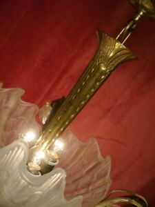 Antique Chandelier 6 Light Fine Bronze Lamp Satined Mussel Shells Glass 24 