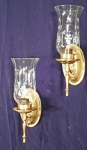 Pair Mid Century Classical Adams Brass Torchiere Sconces With Hurricane Shades