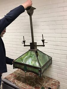 Antique Vtg Brass Slag Stained Glass Chandelier Mission Craftsman Light Fixture