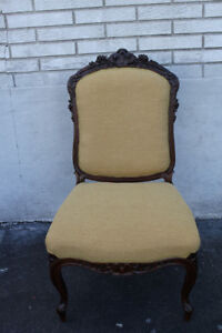 Elegant French Victorian Carved Rosewood Side End Chair New Beige Upholstery