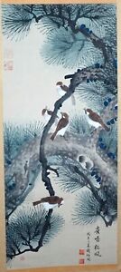Old Chinese Hand Painted Scroll Flowers Birds In Tree Branches Signed