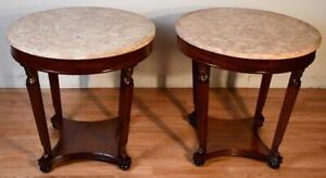 1930 French Empire Mahogany Marble Top Pair Of Side Tables End Tables