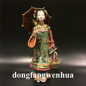 12 Wucai Porcelain Pottery Classical Belle Women Lady Goddess Umbrella Statue