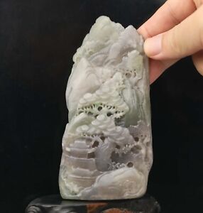 Old China Natural Hetian Jade Hand Carved Statue Of Landscape 7
