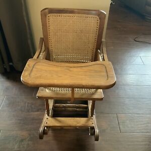 Child S Antique High Chair Rocker Oak W Cane Seat Hand Crank