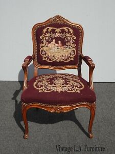 Vintage French Provincial Burgundy Needlepoint Tapestry Bergere Accent Chair