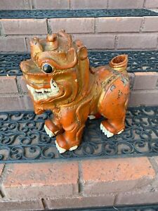 Antique Chinese Hand Carved Hardwood Lacquered Foo Dog Temple Lion Statue 14 