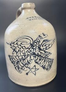 Antique 19th C Salt Glazed Stoneware Jug Wm Warner Troy Ny Eagle Decor Aafa