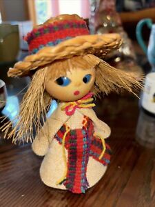 Vintage 5 X 2 1 2 Folk Art Doll 60 S Wood Straw Chipboard Fabric Hand Made