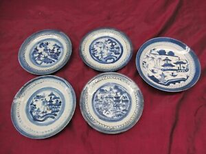 5 Antique Early Chinese Pottery Canton Blue White Plates 6 6 3 8 