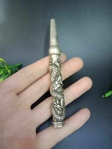 Old Chinese Tibet Silver Hand Carved Dragon Cigarette Holder Smoking Tools