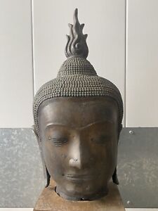  Rare Antique Old 19th C Burmese Asian Bronze Buddha Head Bust Sculpture