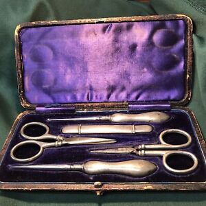 Antique Sterling Great Britain Sewing Etui Case 5 Pc Crochet Scissors Needle Awl