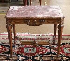 Finely Carved Oak Louis Xvi Style Marble Top Occasional Table By Karpen