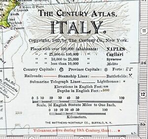 1897 Map Italy Original Rome Venice Sicily Steamships Railways Sardinia Naples