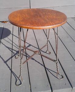 Antique Childs Ice Cream Parlor Table W Oak Top And Wire Legs 1920s