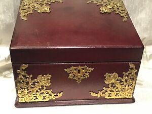 Antique Leather Stationery Box In Ox Blood Red Leather