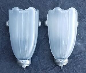 2 Antique Pair Art Deco Slip Shade Wall Sconce Streamline Movie Theater Frosted
