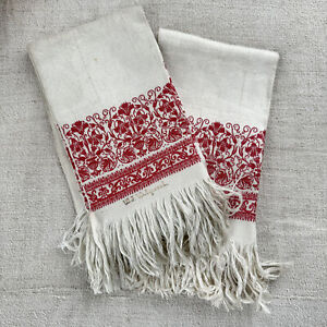 Set Of 2 35x20 Towels Wj Wedgwood Signed Antique Damask Red Woven Linen Amer