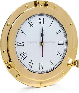 Premium Nautical Brass Porthole Clock Pirate Ship Elegant Metal Roman Dial Face