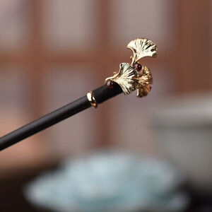 China Ebony Wood Jade Line Garnet Ginkgo Leaf Tibetan Style Exquisite Hairpin