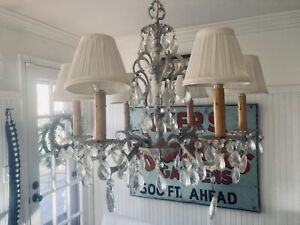 Elegant 6 Light Brass And Crystal Chandelier Vintage Painted Distressed White
