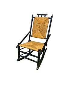 Antique Mid Century Rush Splint Woven Bamboo Small Rocker Rocking Chair Black
