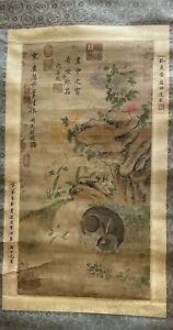 Antique Chinese Vertical Silk Scroll Painting 74 27 Rabbit