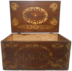 Late 19th C American Folk Art Prmtv Gold Stncld Pine Dec Wd Box W Madge Name