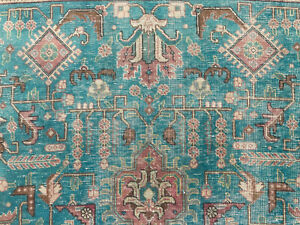 Antique Heriz Rug 10x13 Handmade Oriental Big Geometric Blue Green 9x12 10x14 Ft