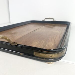Antique Oak Butlers Tray Serving Tray Wooden Handles Brass Rounded Corners