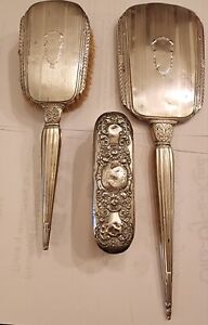 Sterling Silver 3pc Grooming Set Antique Mirror Hair Brush And Clothing Brush