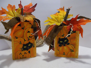 Primitive Folk Art 2 Wooden Pumpkins Black Cats Fall Halloween Decor Handmade