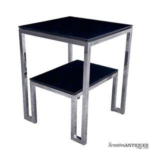 Post Modern Sculpted Chrome Black Glass Tiered Side Table