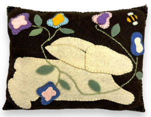 Primitive Pillow Hand Stitched Wool Felt Applique Bunny Flowers And Bee Folk Art