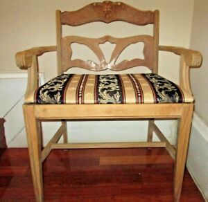 Collectible Rare French Style Carved Back Armchair W Crest Scroll Arms
