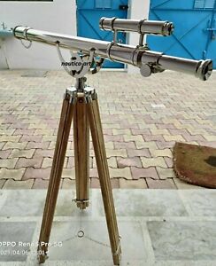 Nautical Floor Standing Brass Telescope With Wooden Tripod Double Telescope