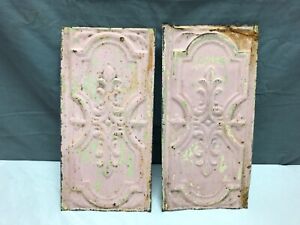 Antique Pair 6 X 12 Tin Ceiling Fleur De Lis Shabby Pink Panels Vtg 1661 23b