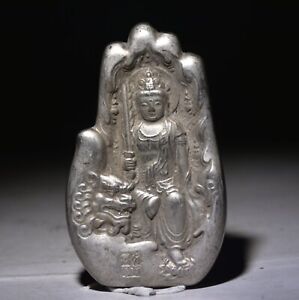 2 4 Old Chinese Silver Buddhism Ride Lion Wenshu Manjushri Inscription Statue